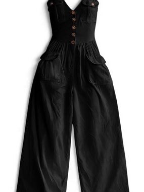 Black Wide-Leg Jumpsuit with Button Front